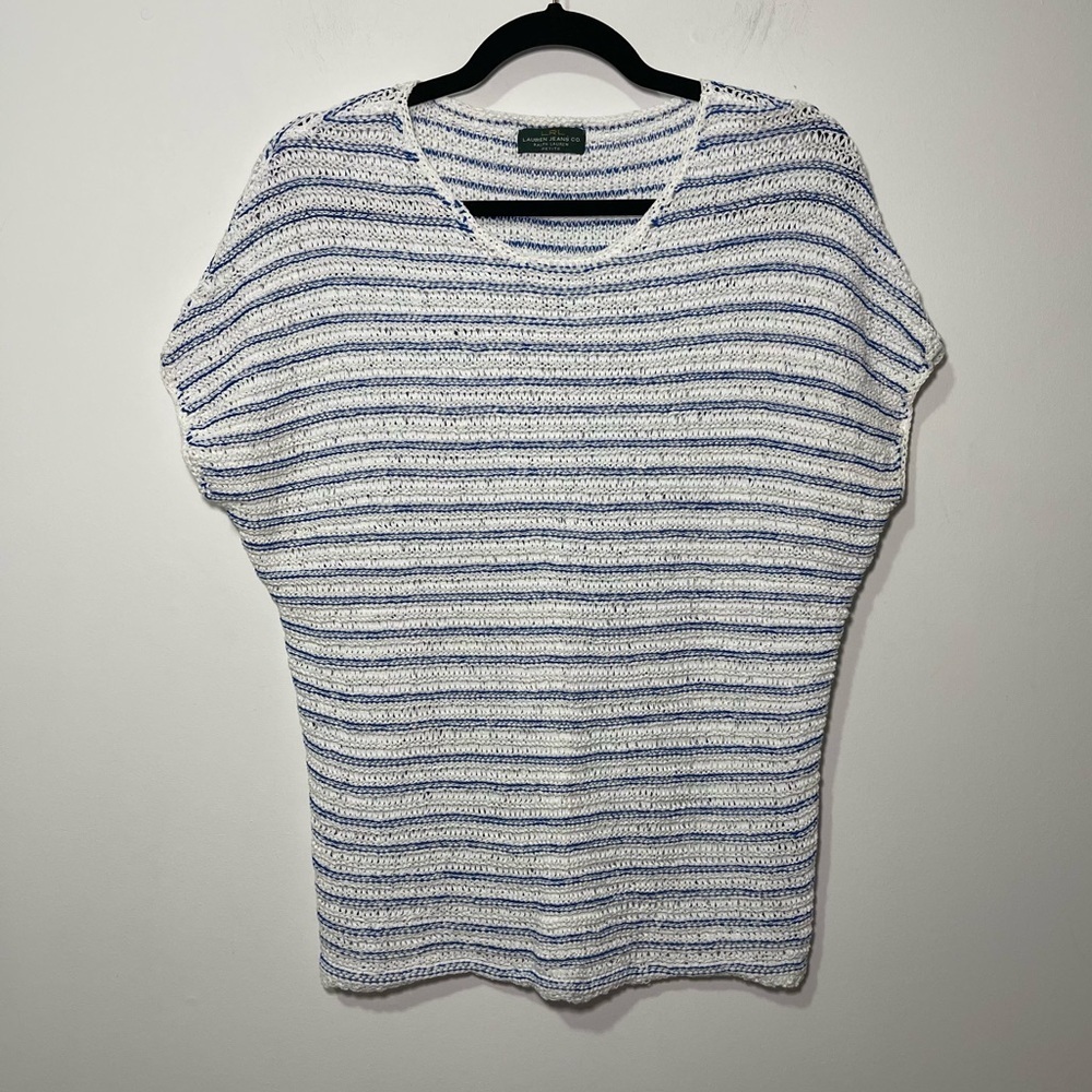 Lauren Ralph Lauren Blue White Striped Open Knit Short Sleeve coastal Top MP